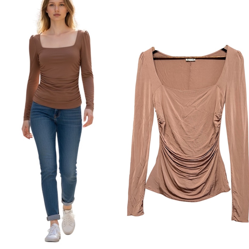 Intimately‎ Free People Top Womens Small Mauve Ruched Square Neck Thumbhole Slim